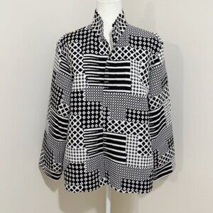 Grace Chuang Jacket Black & White Geometric Textured Open Front